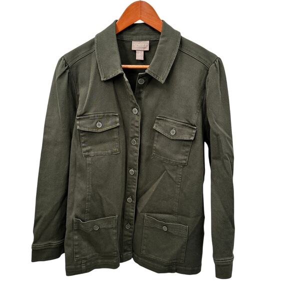 CHICO'S Olive Green Button Up Cargo Jacket // L - Picture 1 of 8
